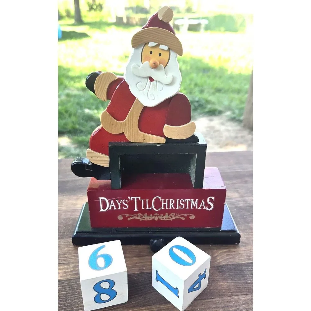 Wooden Santa Days Til Christmas Countdown Block Calendar Holiday Decor 8.5